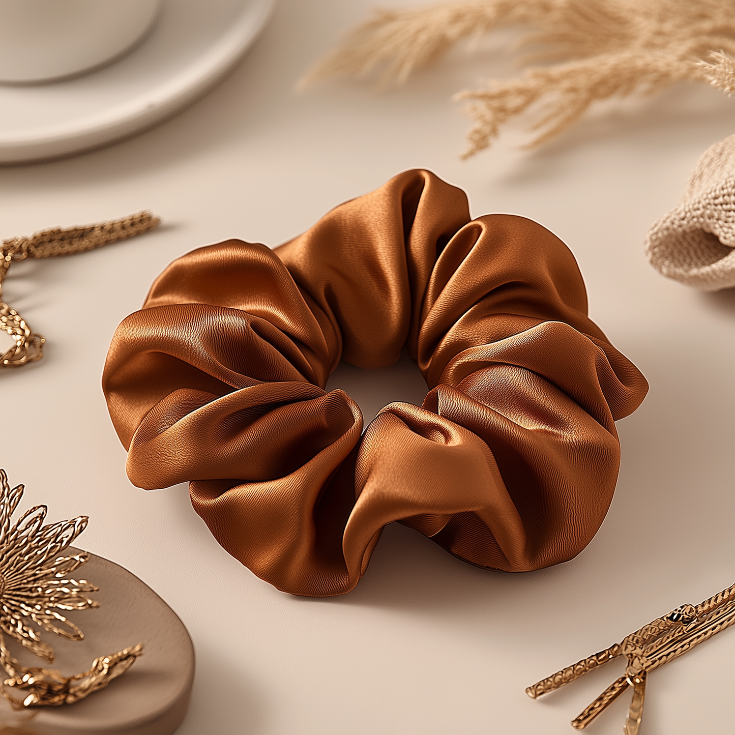 Medium Volume Satin Scrunchie - Carmel
